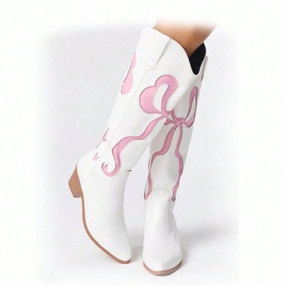 White Cute Women's Cutout Bow Embroidered Western heeled Boots - Picture 1 of 9